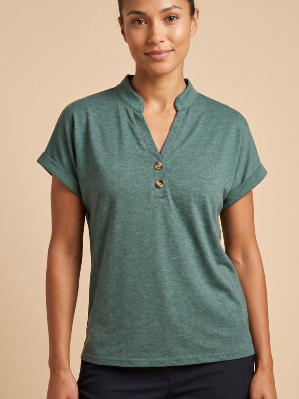 NWOT | Forest Green V-Neck Henley Roll Tab Short Sleeve Top | Small